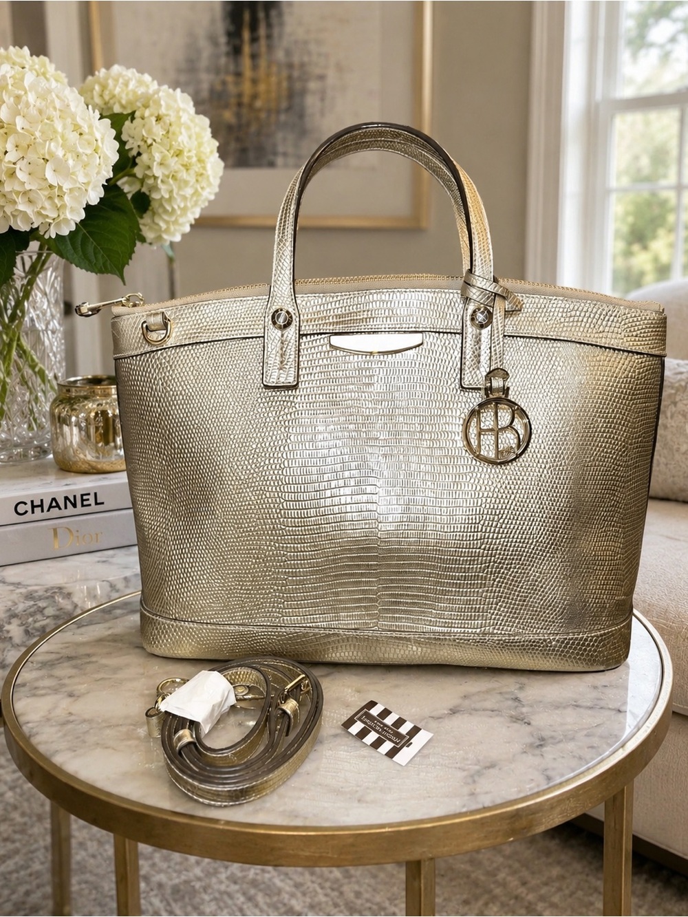 Henri Bendel Metallic Lizard Embossed Satchel Tote | Crossbody | Gold Champagne